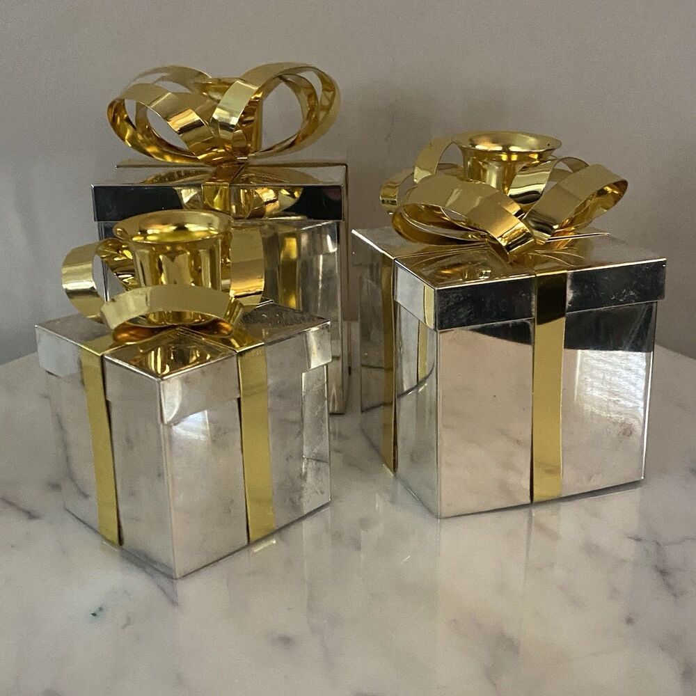 Estate Vintage Godinger Set of 3 Silver / Gold Present Box Taper Candle Holders